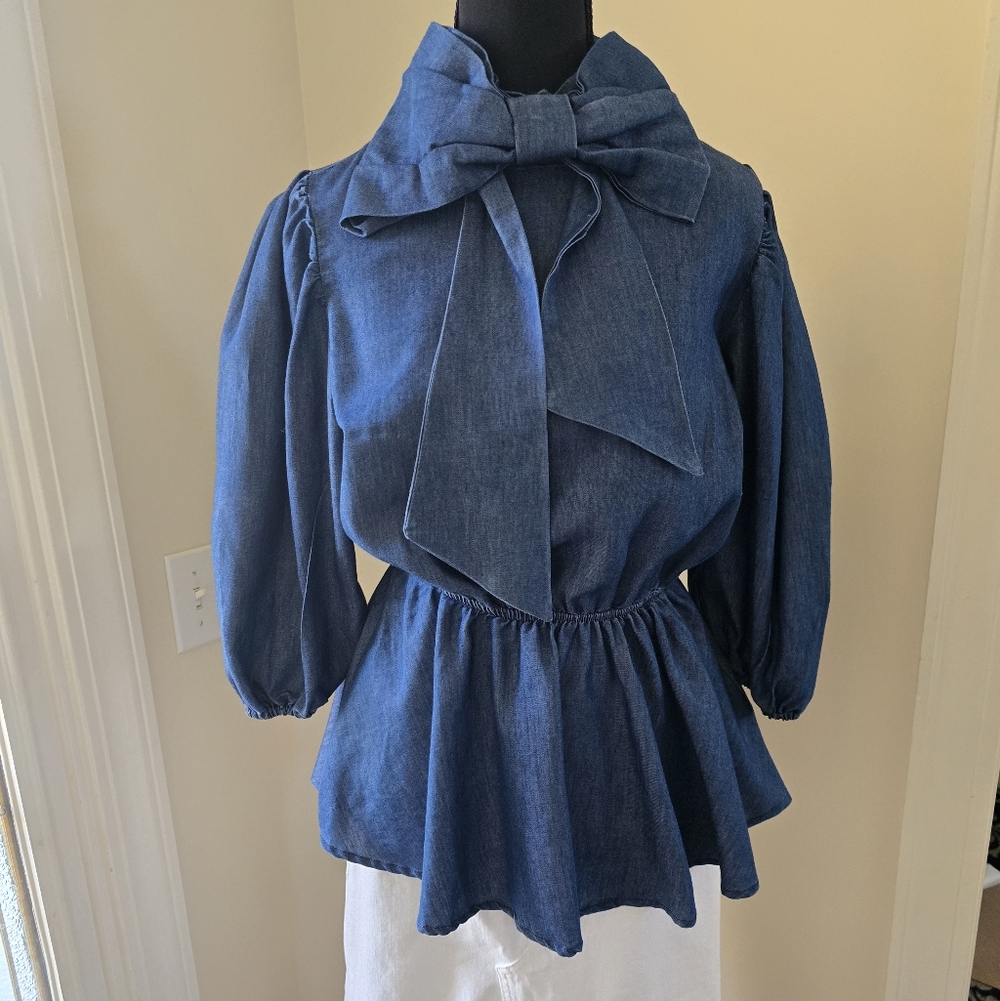 New York & Company Dark Blue Bow Neck Peplum Blouse